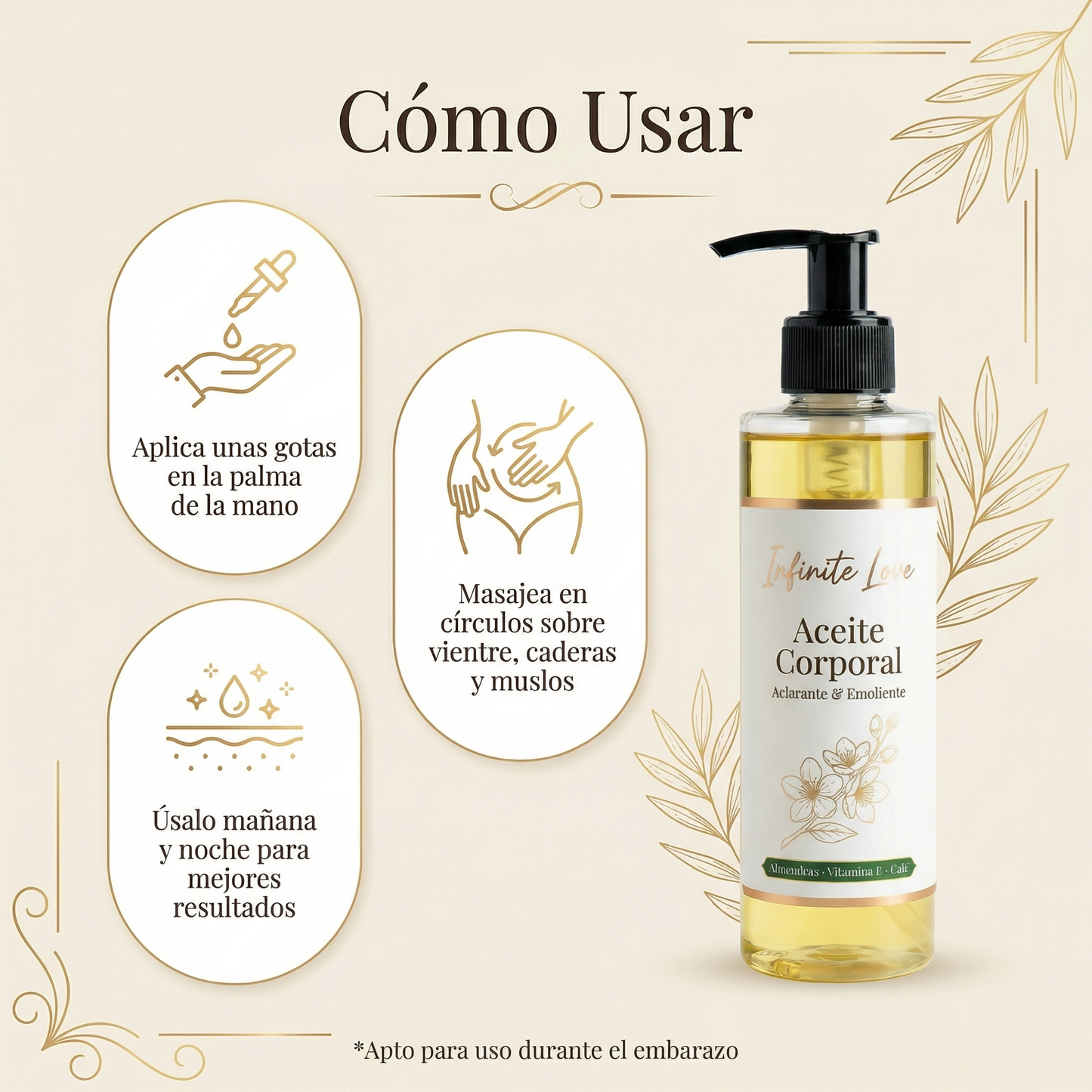Aceite Corporal Aclarante y Emoliente para Prevenir Estrías y Unificar el Tono de la Piel (Ideal para Embarazo)