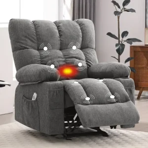 JONPONY Manual Recliner Chair with Heat Therapy and Massage Function, Heavy Duty Reclining Mechanism Massage Chair, Elderly Single Rocker Sofa with Cup Holders for Bedroom Home Theater, Grey