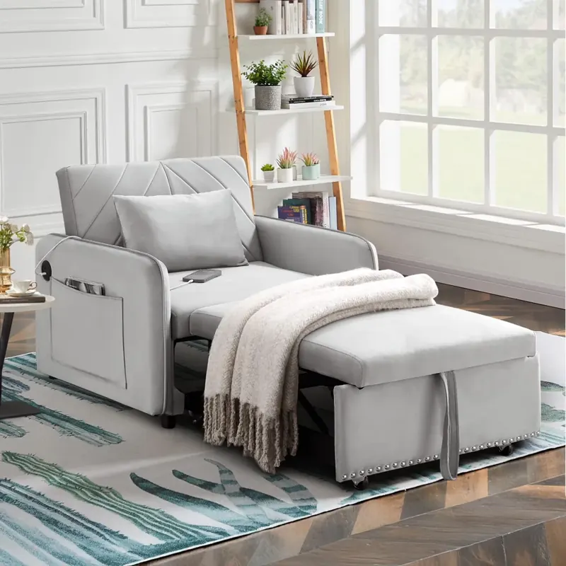 Lunale 3 - in - 1 Convertible Sleeper Chair Bed, Indoor Lounge Chair with USB/Type - C Charging Ports, Modern Recliner Sofa for Living Room, Gray Velvet
