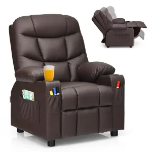 Kids Recliner Chair PU Leather Adjustable Lounge Sofa with Cup Holder, 3 Pockets & Retractable Footrest, Ergonomic Toddler Furniture Sofa
