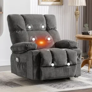 JONPONY Manual Recliner Chair with Heat Therapy and Massage Function, Heavy Duty Reclining Mechanism Massage Chair, Elderly Single Rocker Sofa with Cup Holders for Bedroom Home Theater, Grey