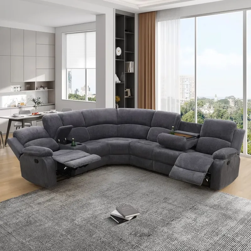 Aukfa 3 - Piece Recliner Sofa Set, 6 Seat Sectional Couch with Cup Holders&Storage Console, Gray